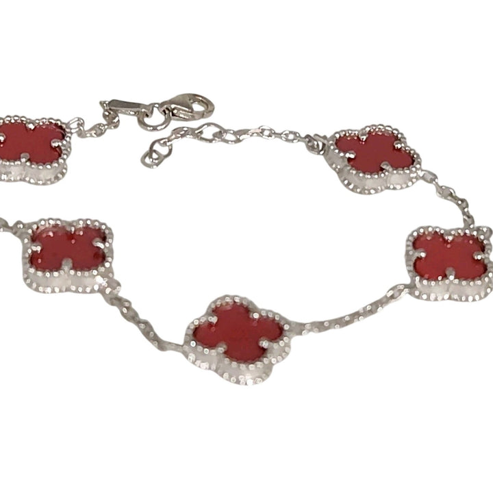 Elegant Silver Red Floral Charms Bracelet 7.5"