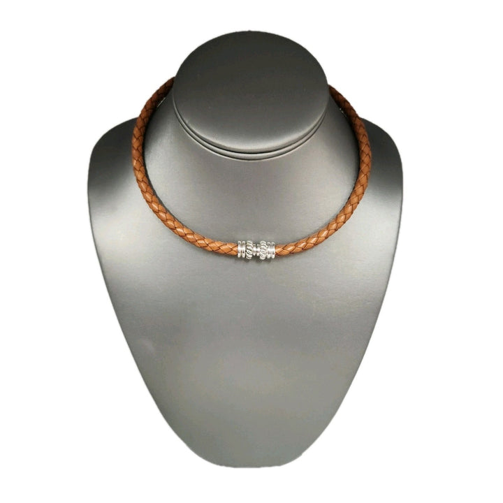 Judith Ripka Braided Brown Leather Choker With Sterling Magnet Clasp 15.5"