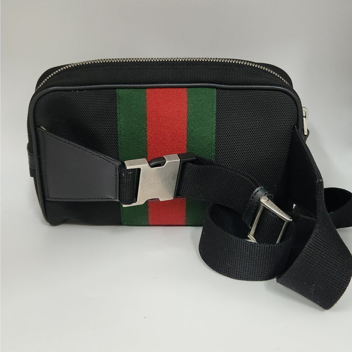 Authentic Gucci Cross Body Bag Green Red Techno Canvas Belt