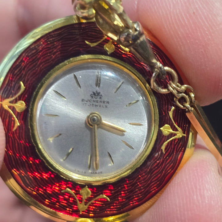 Vintage Bucherer 17 Jewel Swiss Red Enamel Pendant Watch w/ Chain