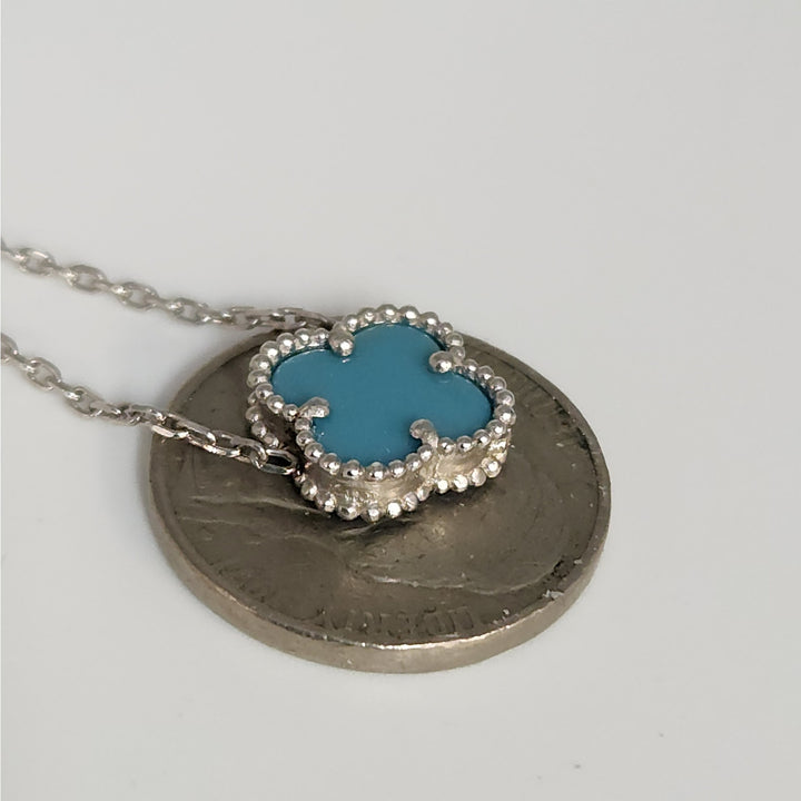 Elegant 925 Sterling Silver Single  Turquoise Clover Pendant Necklace 17.5"