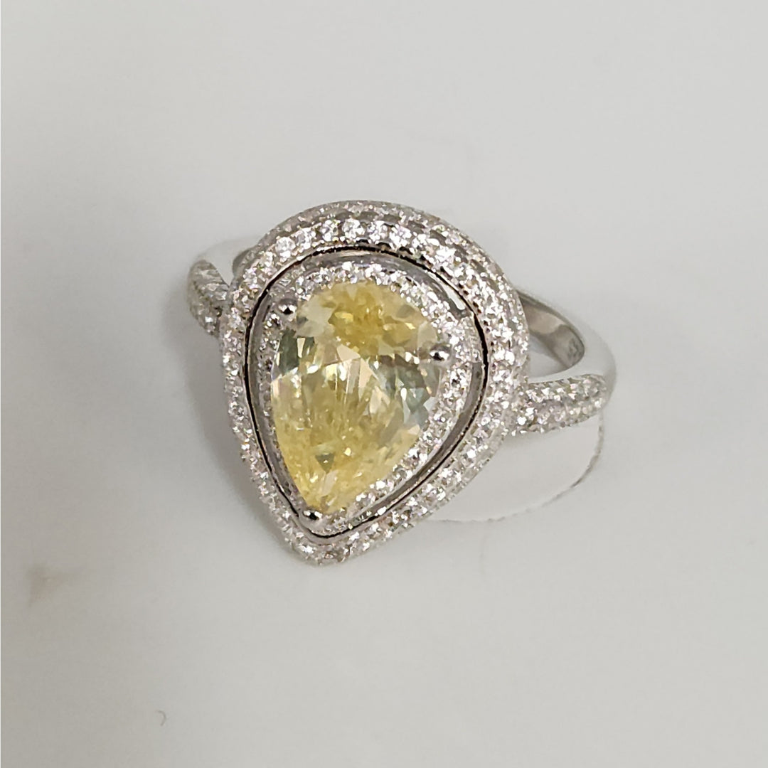 925 sterling silver Pear cut Yellow stone & zirconia Halo  Ring size 9