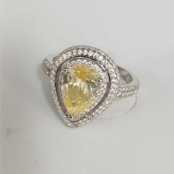 925 sterling silver Pear cut Yellow stone & zirconia Halo  Ring size 9