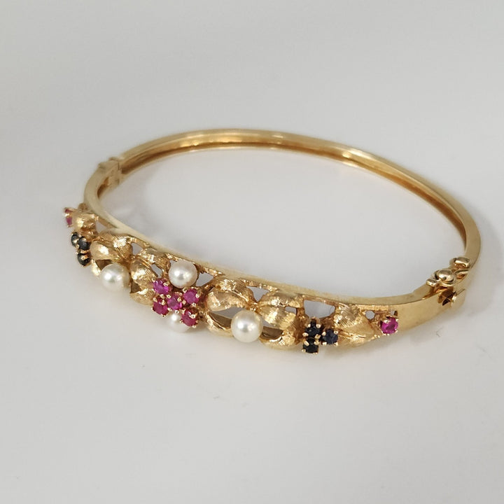 Set Of Antique 14k Yellow Gold Diamond,Pearls,Ruby &Sapphire Bangle Bracelets