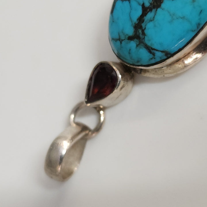 Artisan 925 Sterling Silver Pendant With Turquoise Stone & Garnet Teardrop