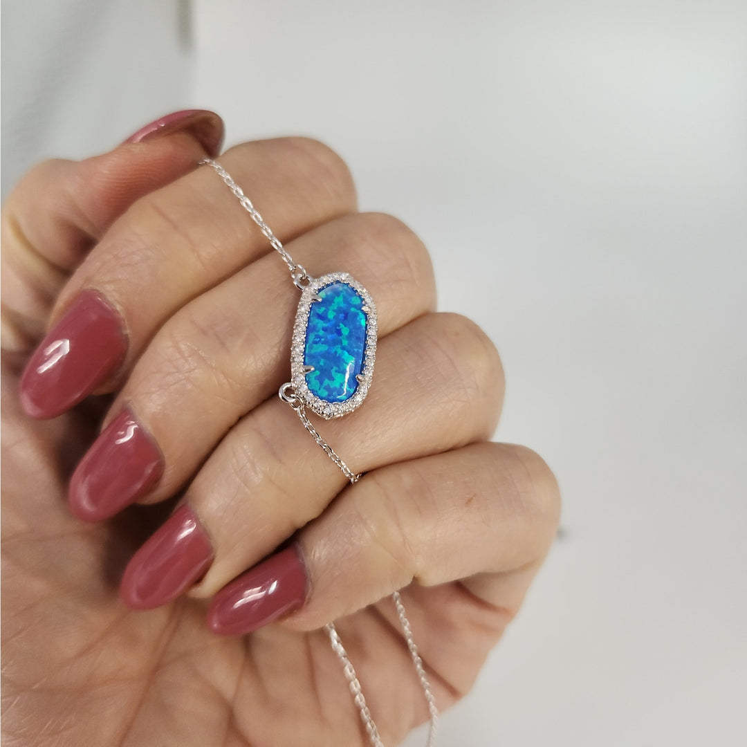 925 Sterling Silver Blue Opal & CZ jewelry set Necklace & Matching Earrings