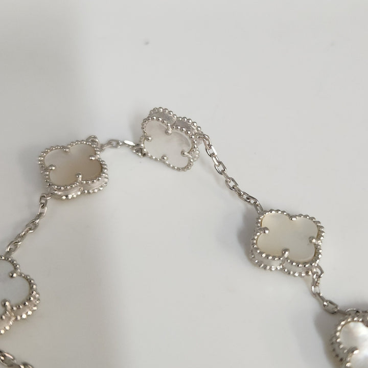 Fashion Silver Bracelet With Mother Of Pearl Floral Clover Links 7.5"