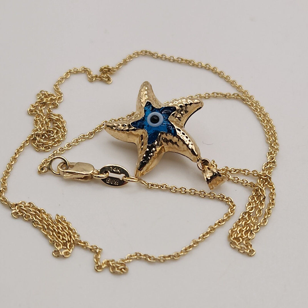 14k Yellow Gold Blue Evil Eye Star Goodluck Pendant Necklace 18"