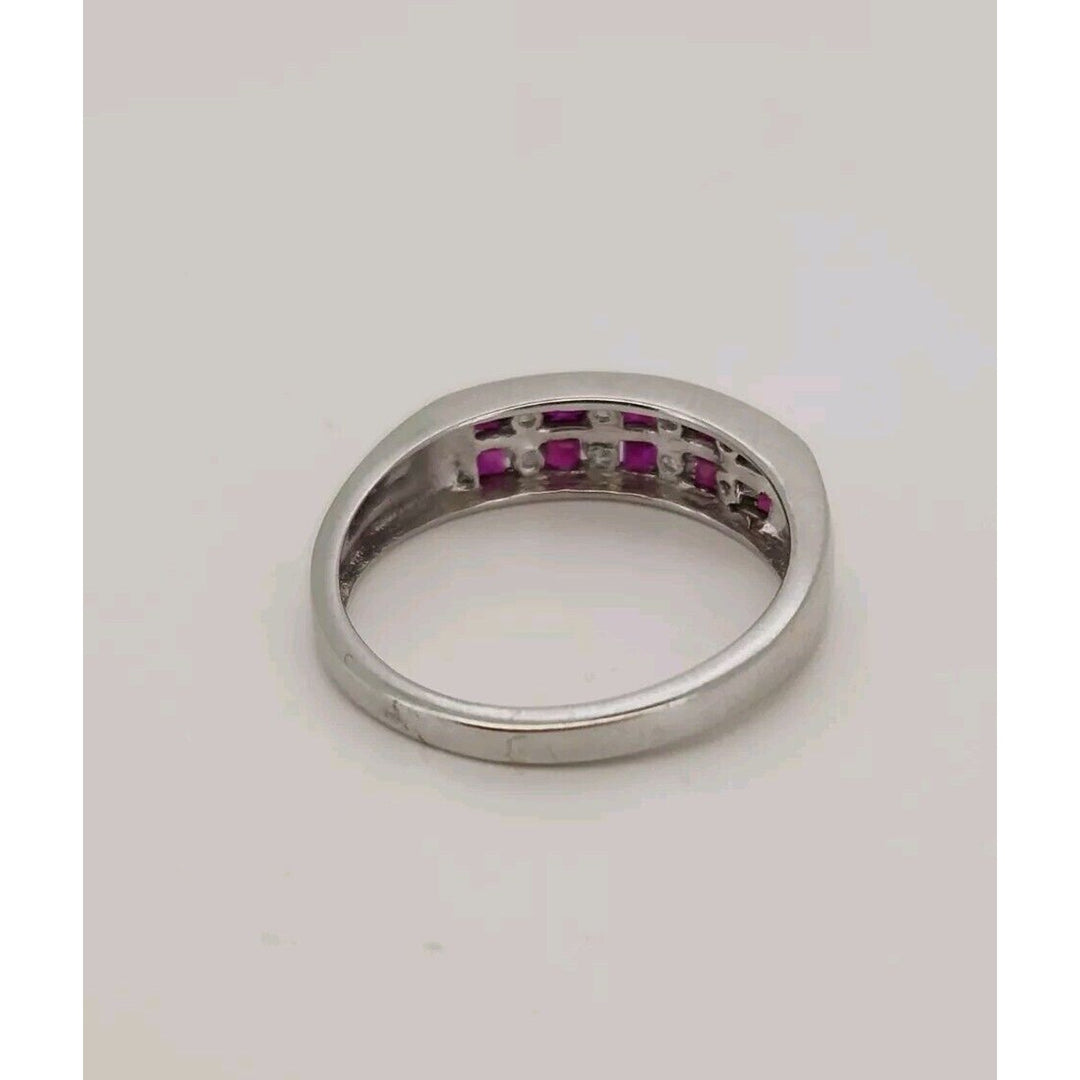 14k White Gold Ruby & Diamond Band Ring Size 6.75