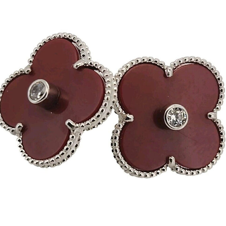 925 sterling silver Red Agate Zirconia Stud Flower Earrings