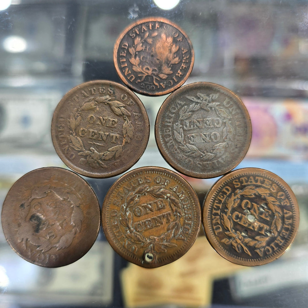 Lot of 6 Early U.S. Copper Large Cents & Half Cent 1800s Vintage Coins