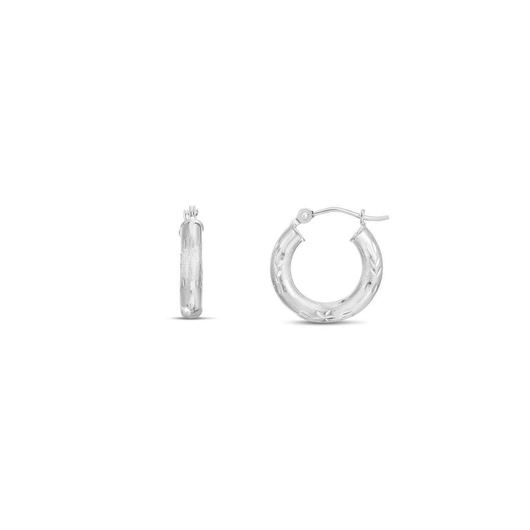 14K White Gold 3mm Diamond Cut & Polished Design Hoop Earring