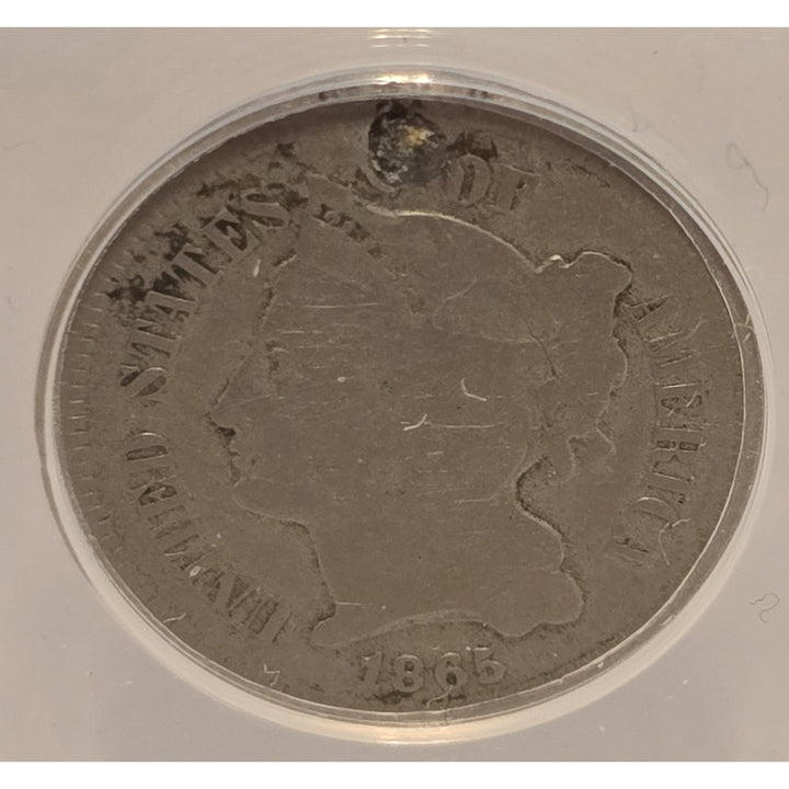 1865 CN3C Three Cent Nickel Three-Cent Piece ANACS VG 8 Details Plugged, Cleaned