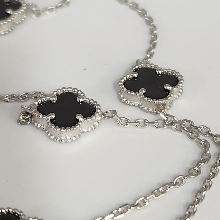 Fashion Silver Onyx Clover Motifs Necklace 22.5"