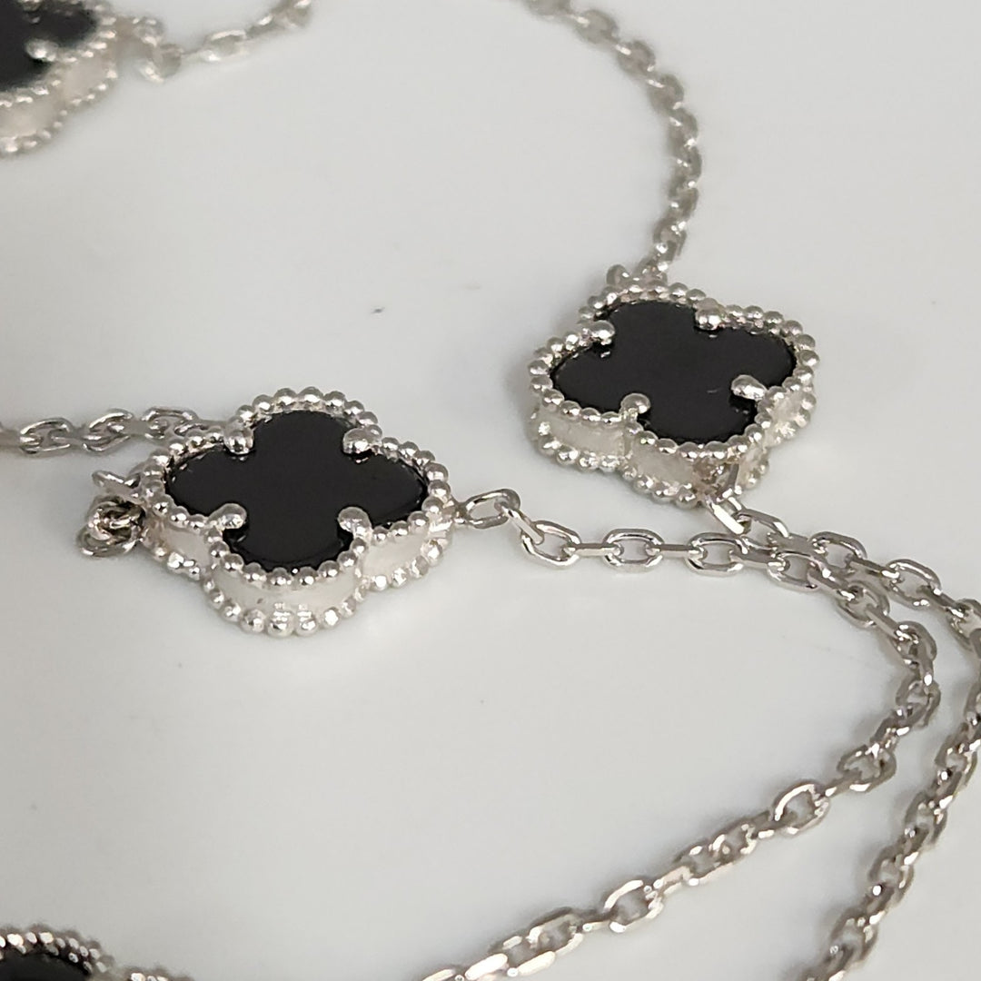 Fashion Silver Onyx Clover Motifs Necklace 22.5"