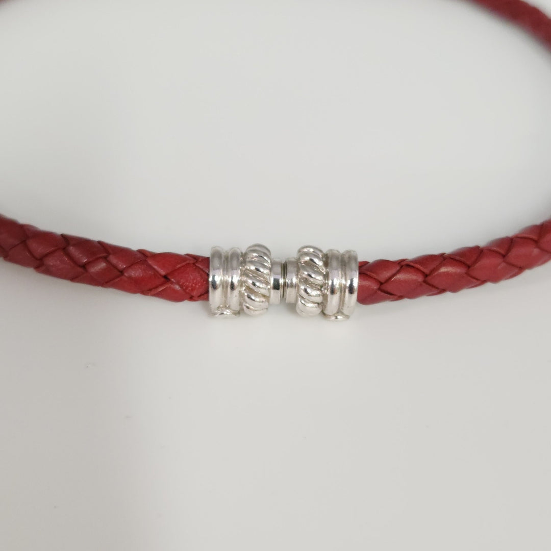 Judith Ripka Braided Red Leather Choker With Sterling Magnet Clasp 15.5"