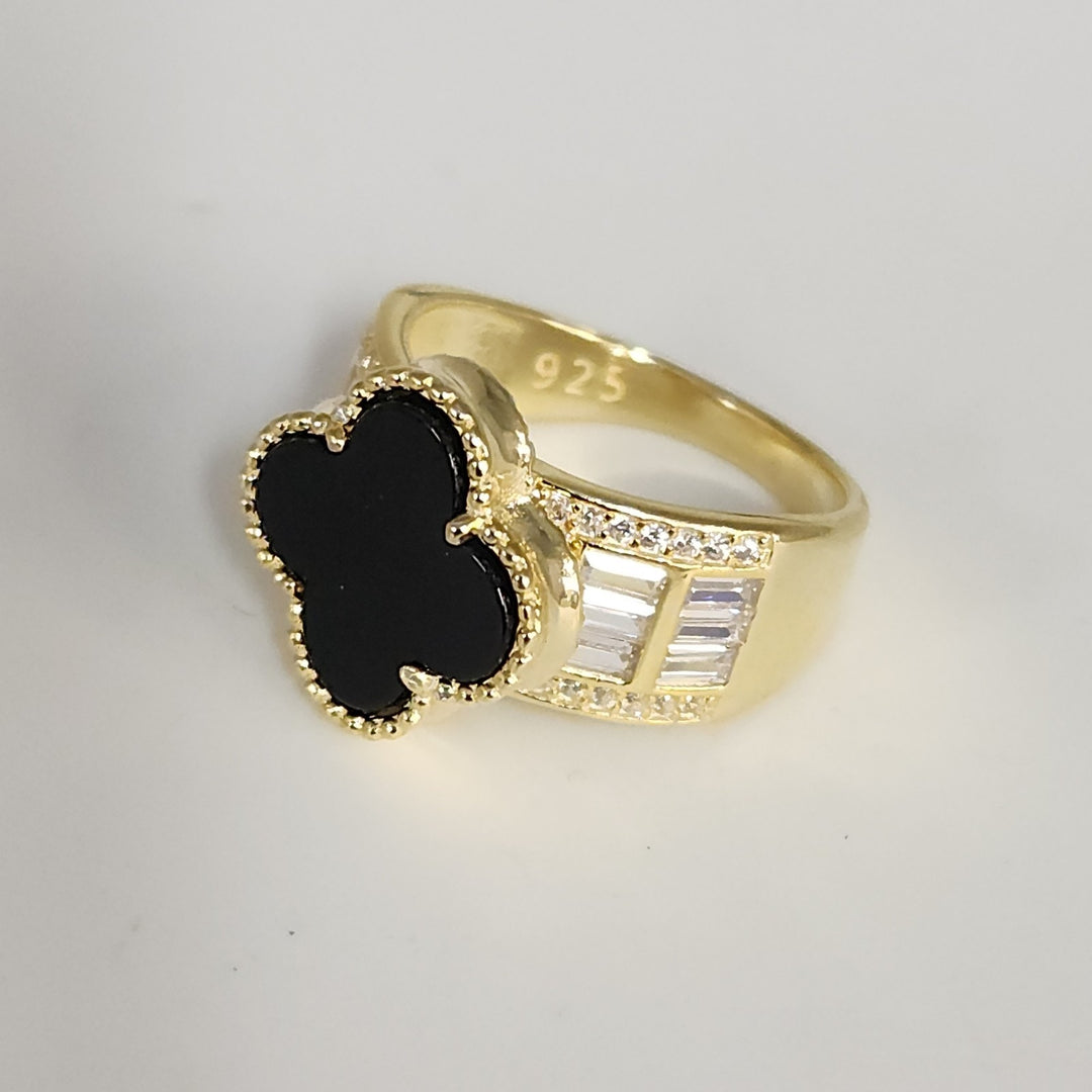 Luxury 925 Silver Gold Plated Onyx Clover Ring With Zirconia Stones Size 6