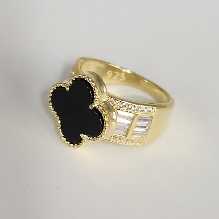 Luxury 925 Silver Gold Plated Onyx Clover Ring With Zirconia Stones Size 6