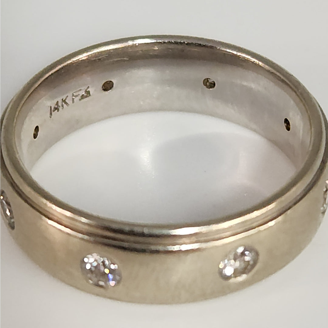 14k White Gold Diamond Band -Baszl Set Round Diamonds Wedding Band Size 8 .5
