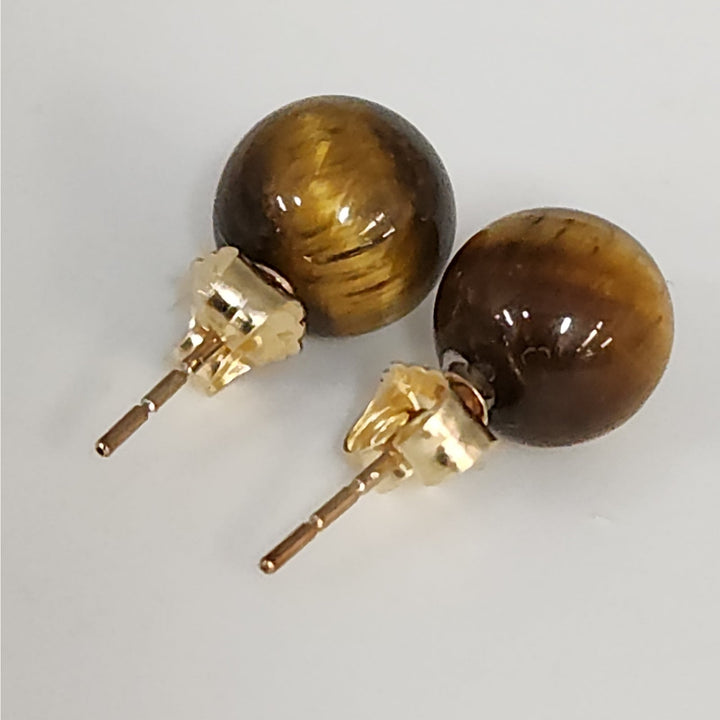 14k Yellow Gold Tiger's Eye Round Ball Stud Earrings