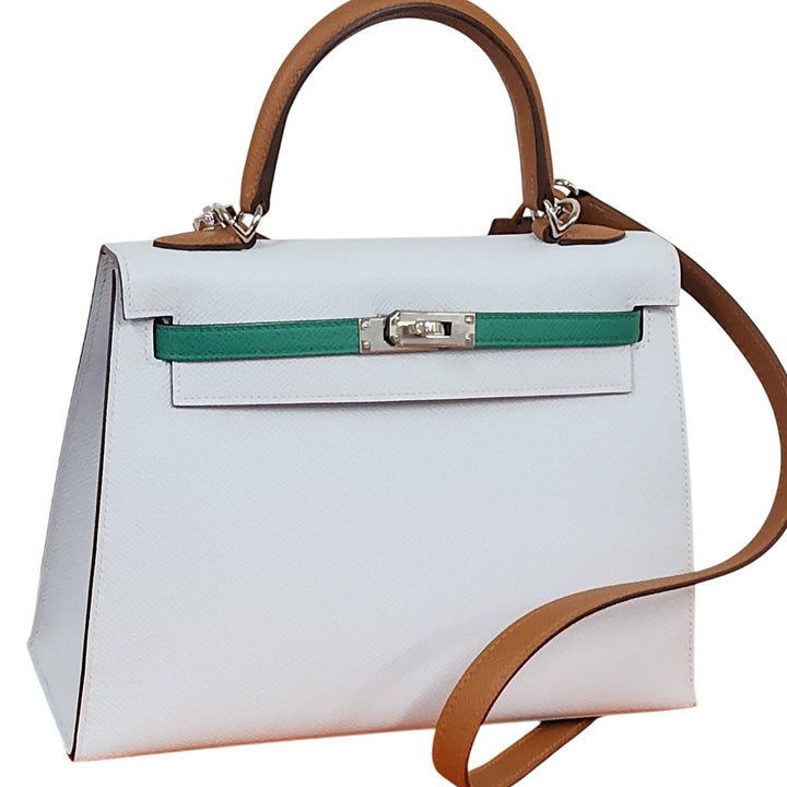 Hermès Kelly 25 Sellier Tri-Color Bleu Brume/Vert Jade/ Gold Epsom Leather Palladium Hardware/U Stamp 2022/Entrupy Authenticated