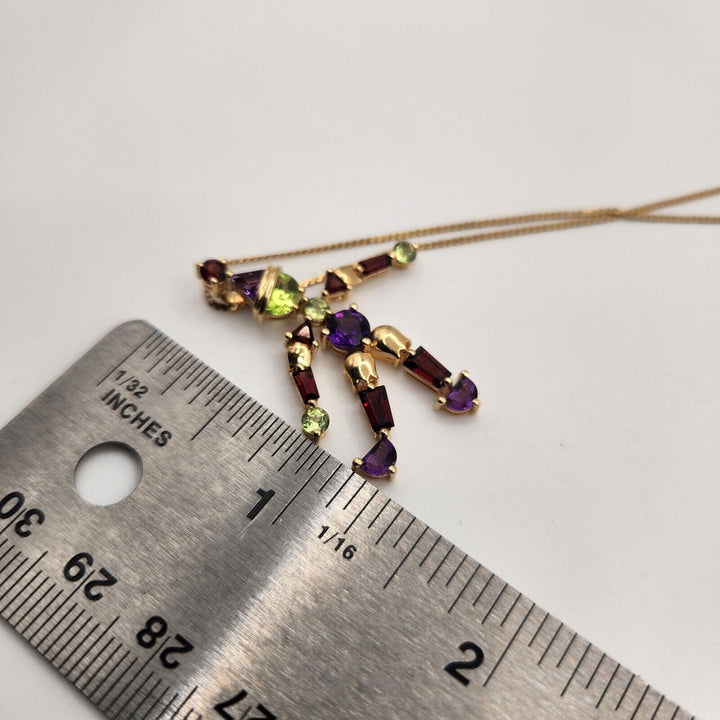 Whimsical 14k Yellow Gold Jester Natural Gemstones Pendant Necklace 16"