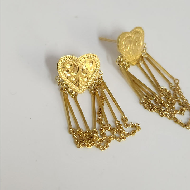 Vintage 18k Yellow Gold Heart Tassel Dangle Earrings
