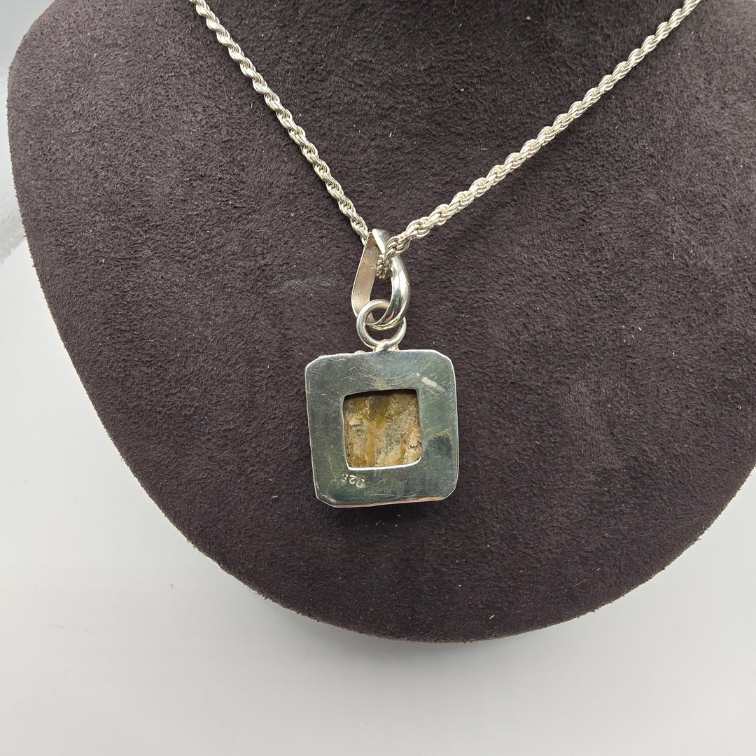 925 Sterling Silver Rope Chain Pendant Necklace 18" 14.8g Square Stone