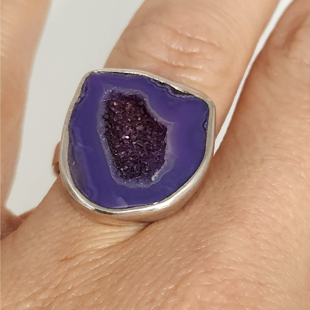 Sterling Silver Heat-Treated Purple Druzy Agate Statement Ring Size 8