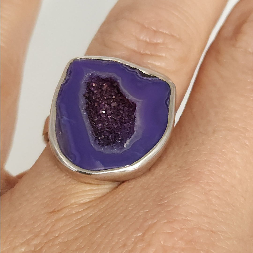 Sterling Silver Heat-Treated Purple Druzy Agate Statement Ring Size 8