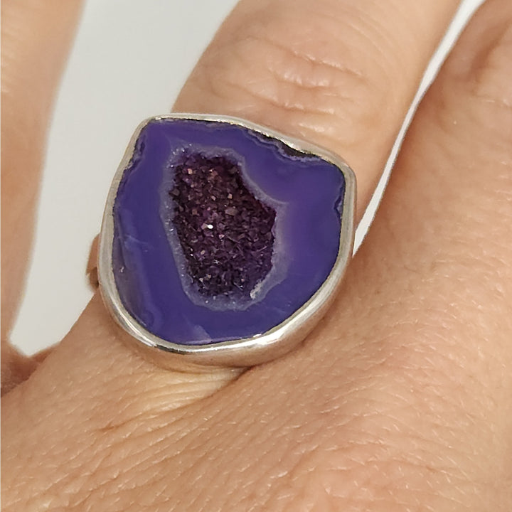 Sterling Silver Heat-Treated Purple Druzy Agate Statement Ring Size 8