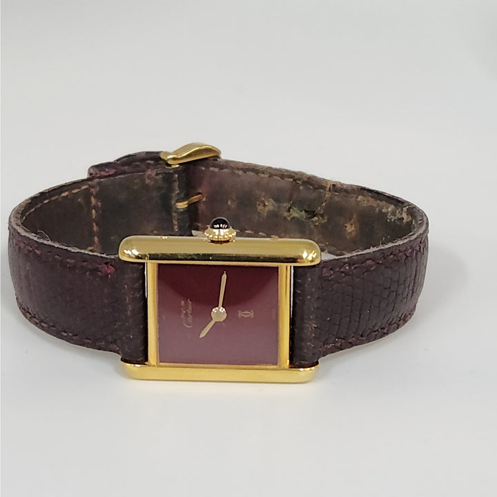Vintage Cartier Paris Tank Vermeil Quartz Watch  Burgundy Dial Swiss Made