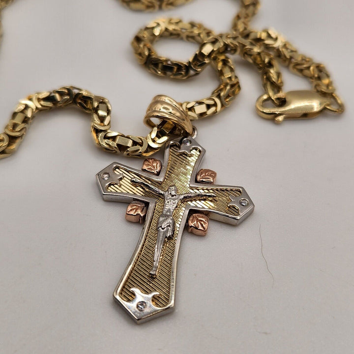 14k Yellow Gold Two Tone Cross Pendant Solid Turkish Chain Necklace 21"