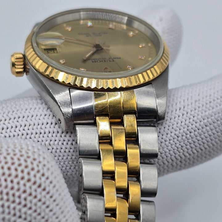 Vintage Tudor Prince Oysterdate 72033 18K Gold Bezel Diamond Dial Circa 1995