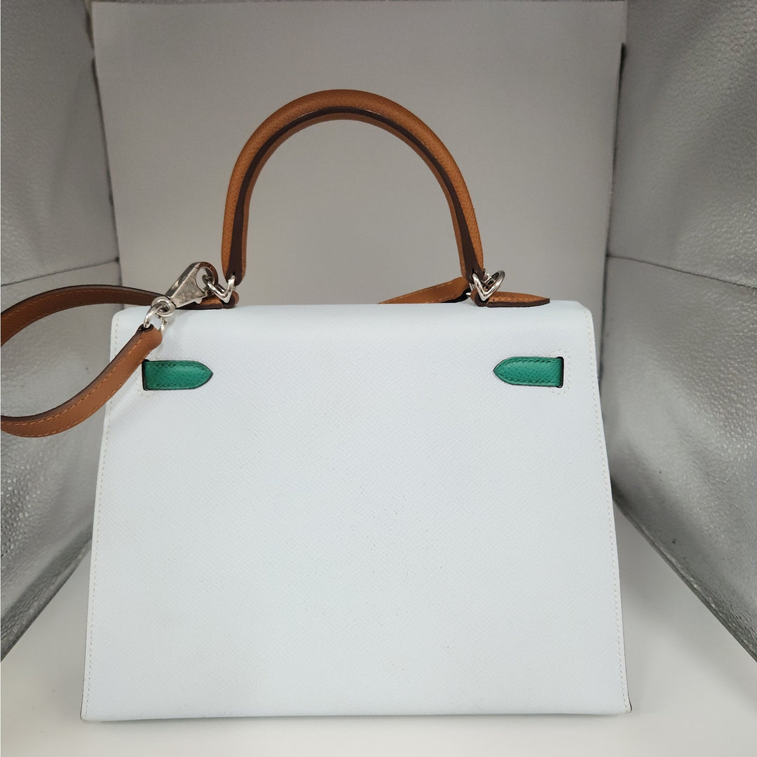 Hermès Kelly 25 Sellier Tri-Color Bleu Brume/Vert Jade/ Gold Epsom Leather Palladium Hardware/U Stamp 2022/Entrupy Authenticated