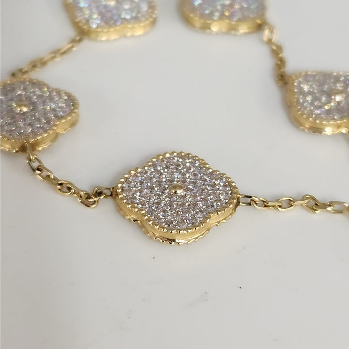 Fashion 14k Gold And Zirconia Solid Flower Clover Bracelet 7.5”