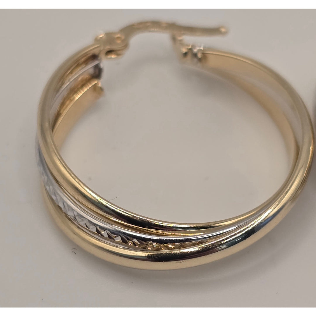 14K Yellow Gold Two-Tone Textured Hoop Earrings 3.8g Classic Stylish Premium New