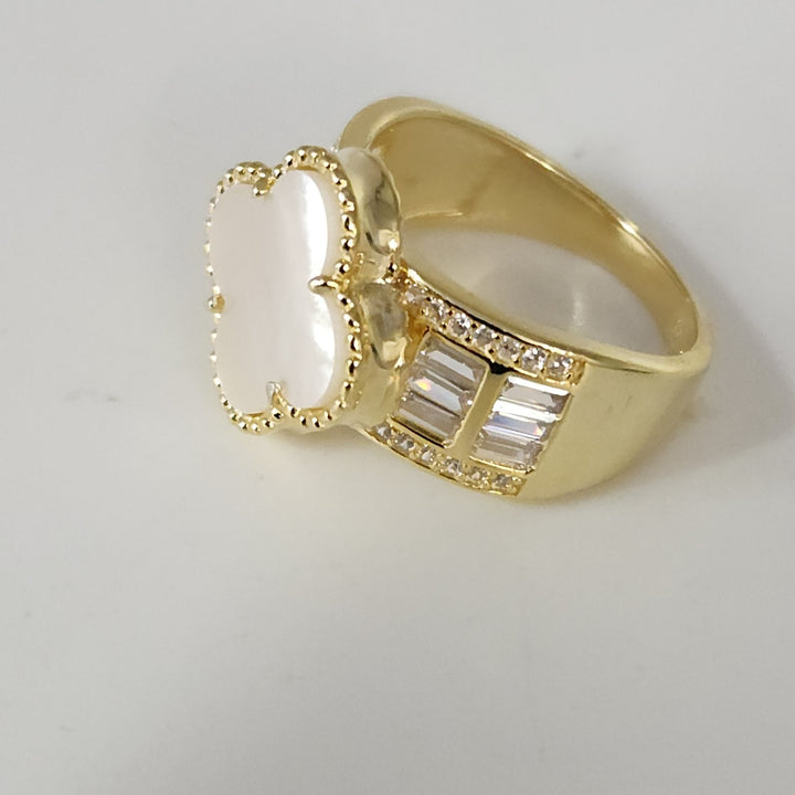 Gold Plated 925 Silver Clover Ring With White Mother Of Pearl Style Stone And...