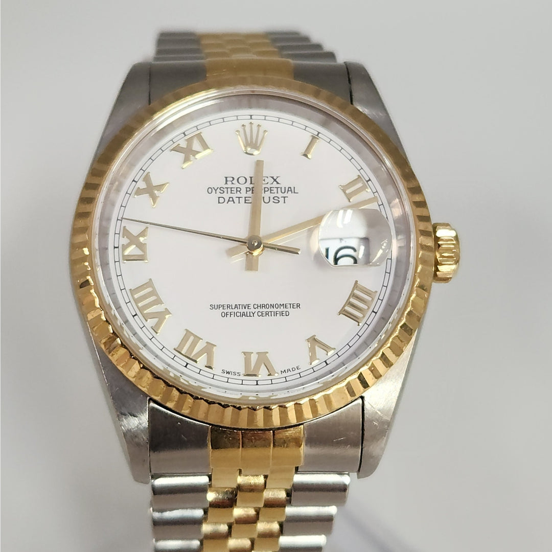 Rolex Datejust 36MM 16233 Two-Tone 18K Yellow Gold & SS Jubilee White Roman Dial