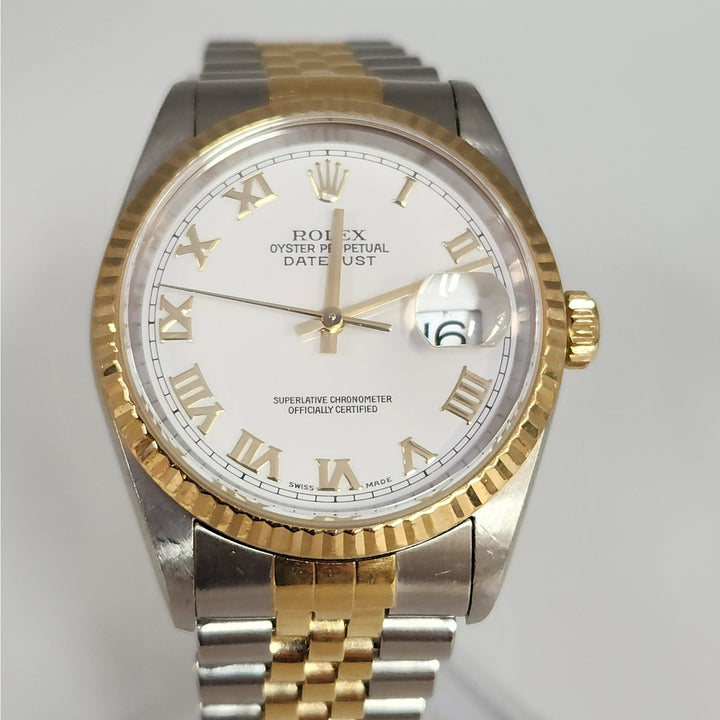 Rolex Datejust 36MM 16233 Two-Tone 18K Yellow Gold & SS Jubilee White Roman Dial