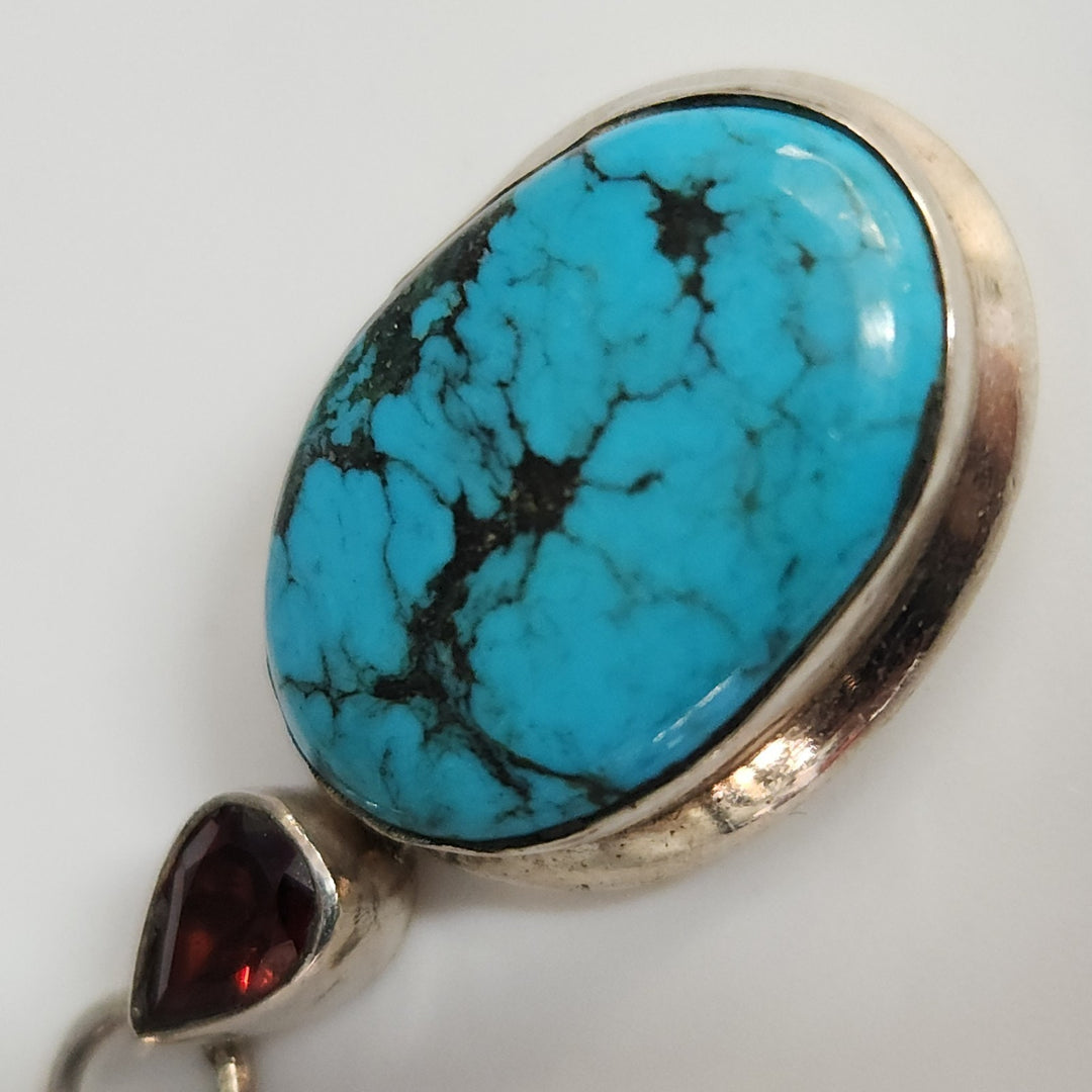 Artisan 925 Sterling Silver Pendant With Turquoise Stone & Garnet Teardrop