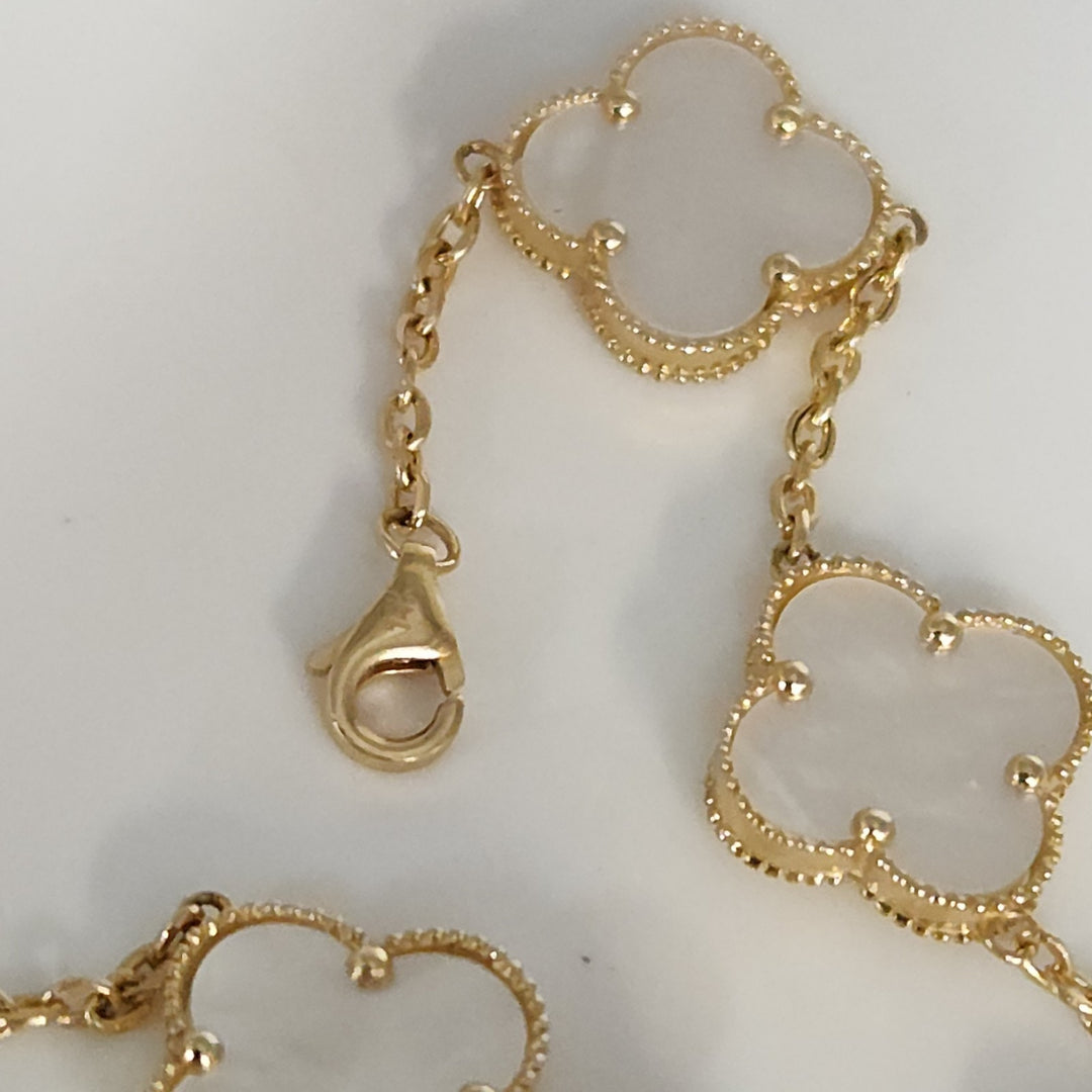 14k Yellow Gold Fashion Mother Of Pearl Flowers Bracelet 7.5"