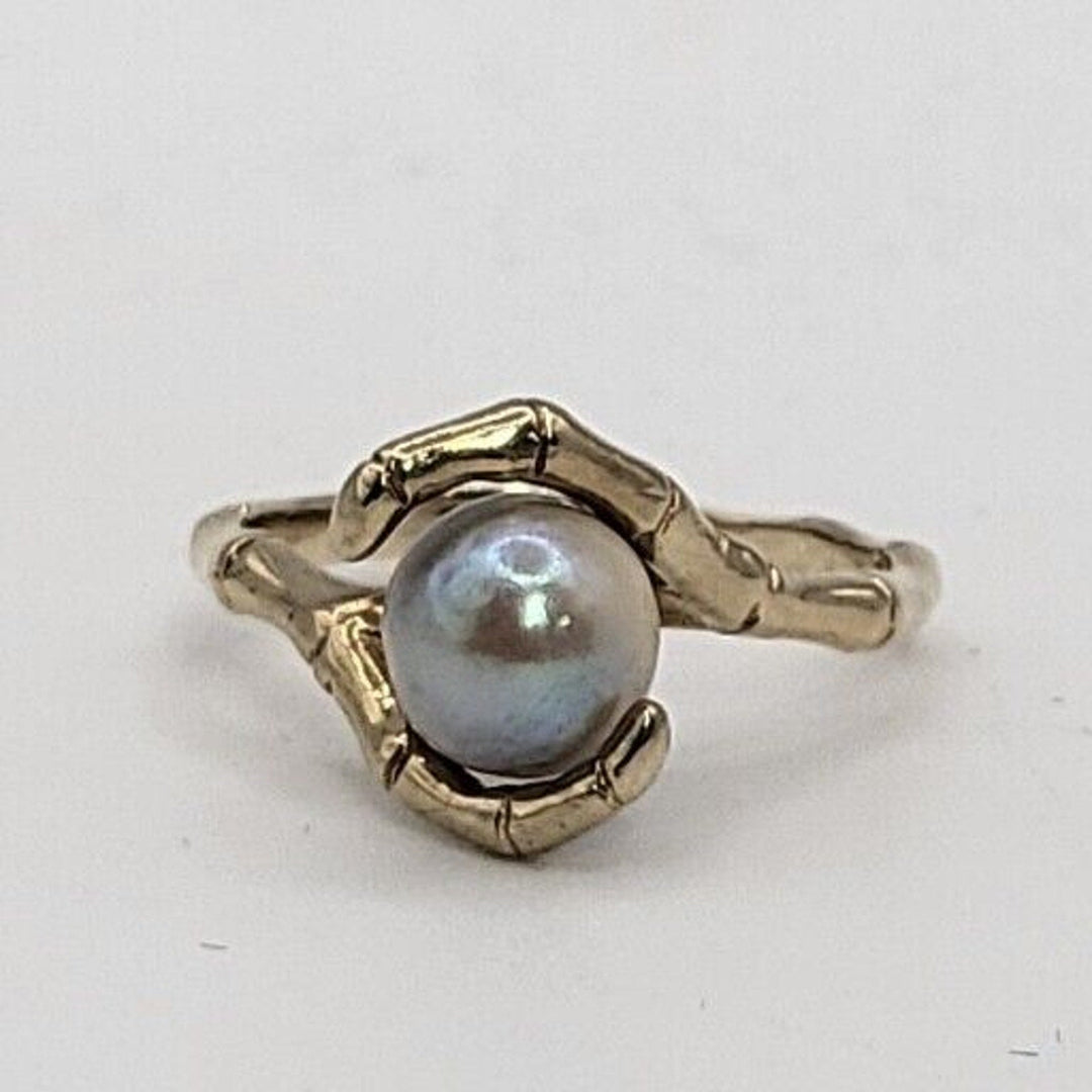 Vintage 14k Gold Natural Grey 7.8MM Pearl Bamboo Style Ring 3.6g, Sz 5.75