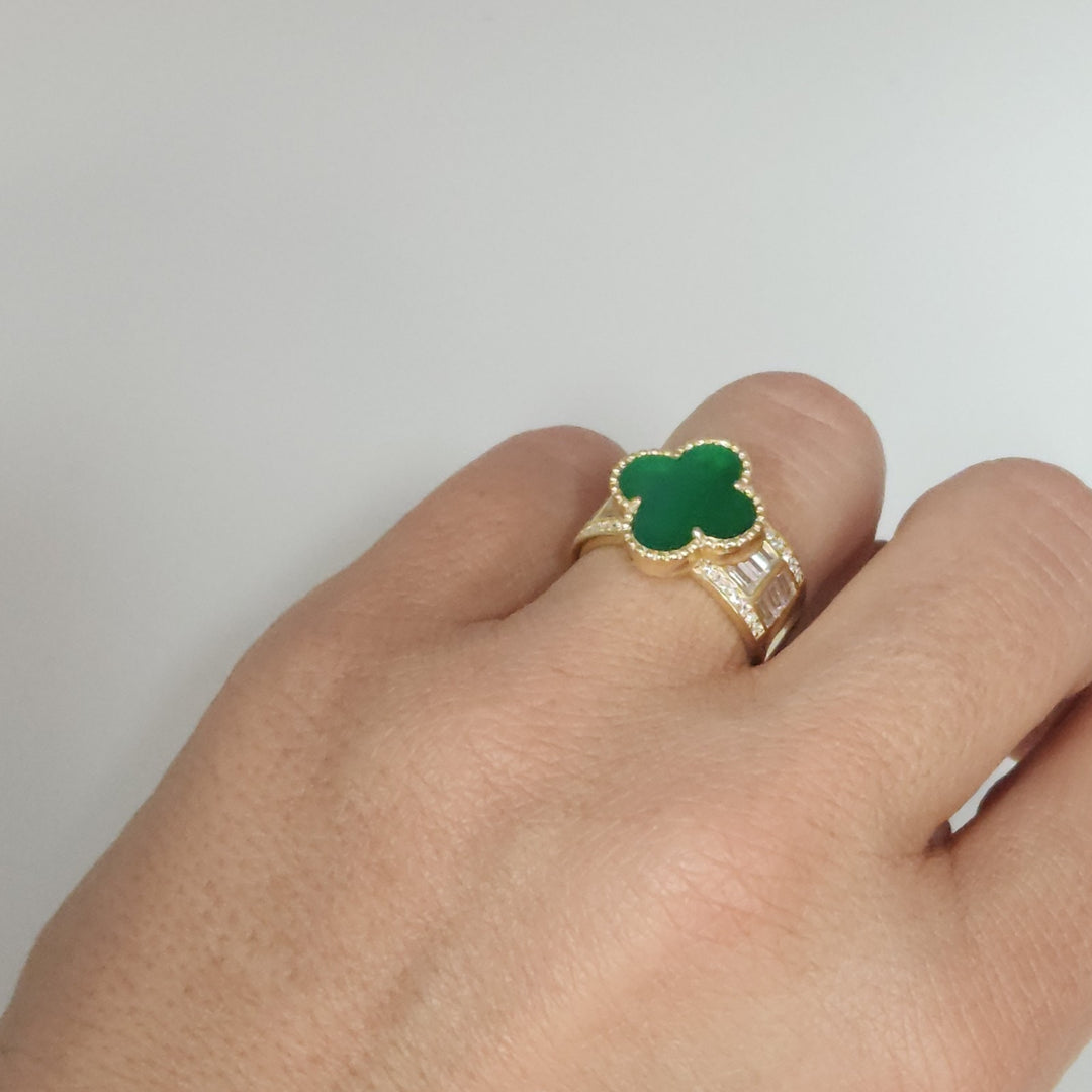 Luxury Gold Plated 925 Silver Clover Ring With Natural Malachite And Zirconia...
