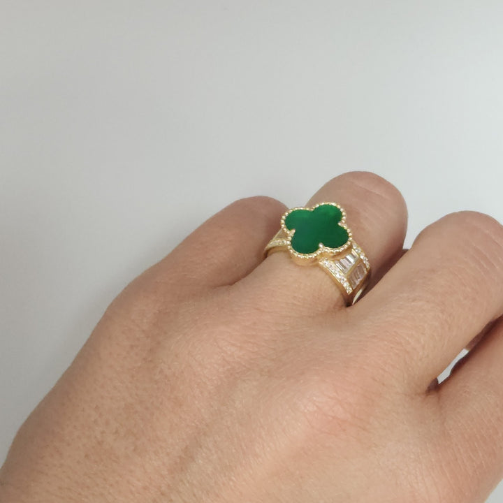 Luxury Gold Plated 925 Silver Clover Ring With Natural Malachite And Zirconia...