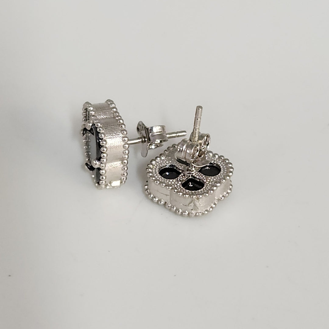 Fashion Silver Onyx Clover Motifs Stud Earrings