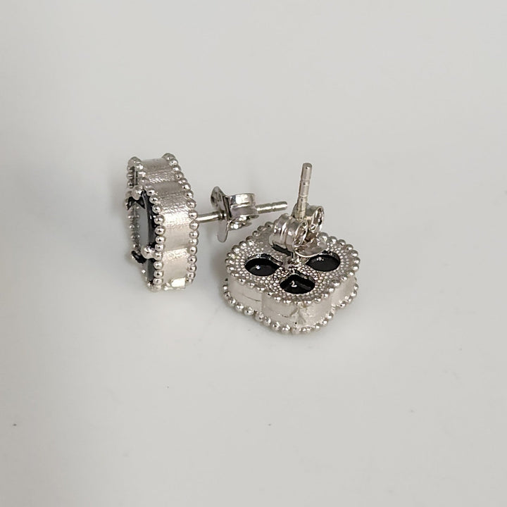Fashion Silver Onyx Clover Motifs Stud Earrings