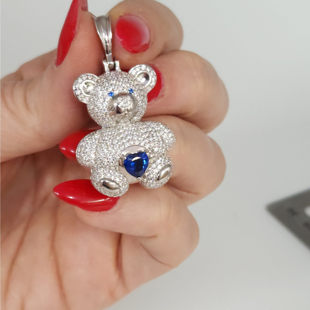 925 Sterling Silver Teddy Bear Pendant With Blue Heart Stone And CZ Accents