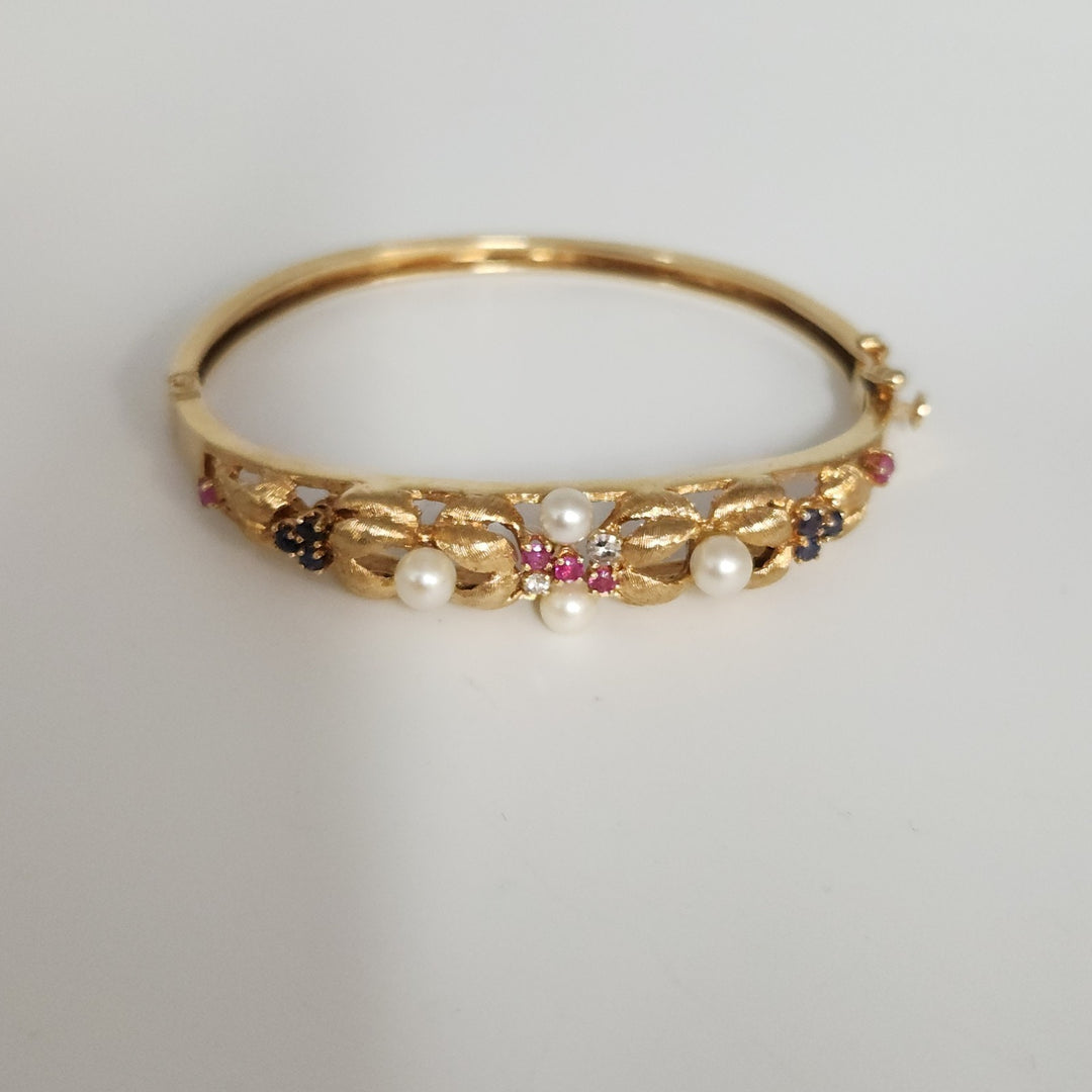 Antique 14k Yellow Gold Diamond,Pearls,Ruby &Sapphire Bangle Bracelets