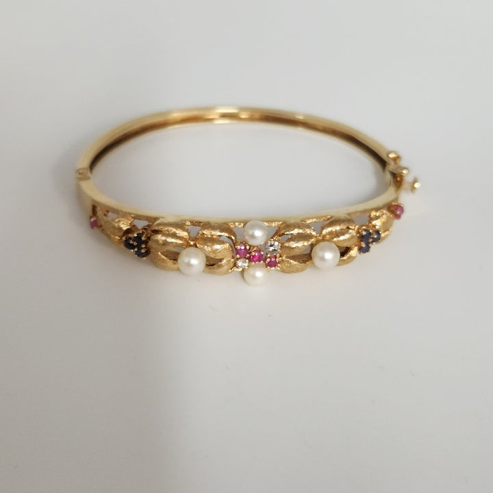 Antique 14k Yellow Gold Diamond,Pearls,Ruby &Sapphire Bangle Bracelets
